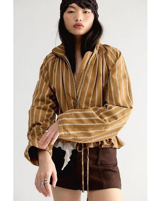 Free People Brown Devon Striped Balloon Funnel-Neck Jacket