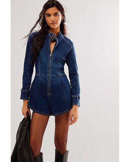 Free People Blue We The Free On The Run Moto Romper