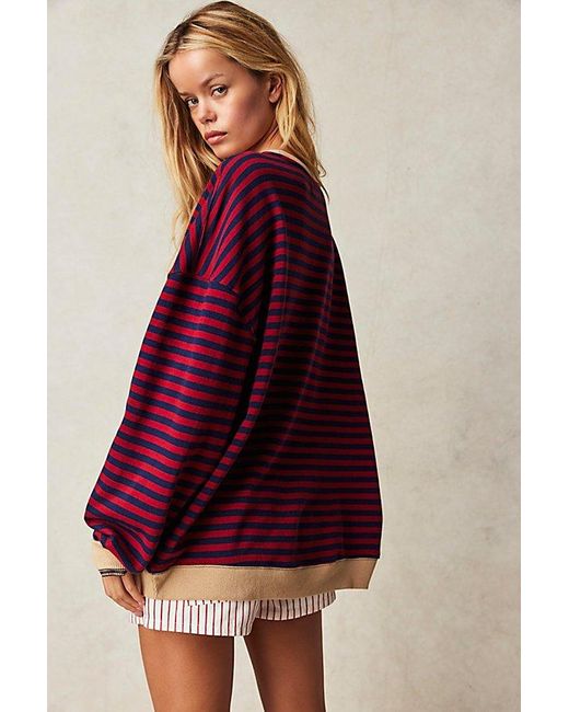 Free People Red Classic Striped Oversized Crewneck At In Nautical Combo, Size: Large