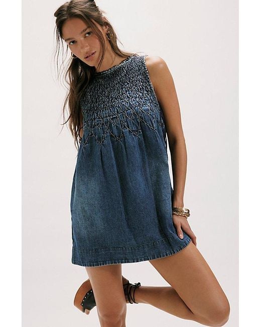 Free People Blue Maisie Smocked Denim Mini Dress