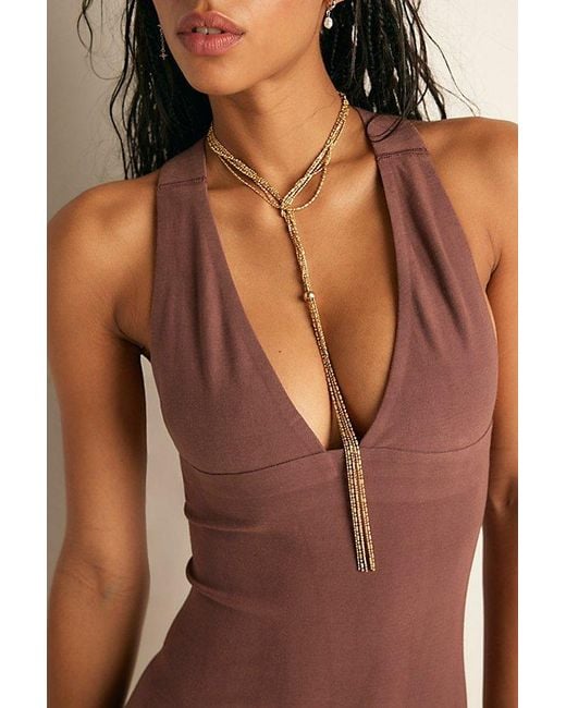 Free People Brown Pearl Cotton Plunge Mini Slip Dress By