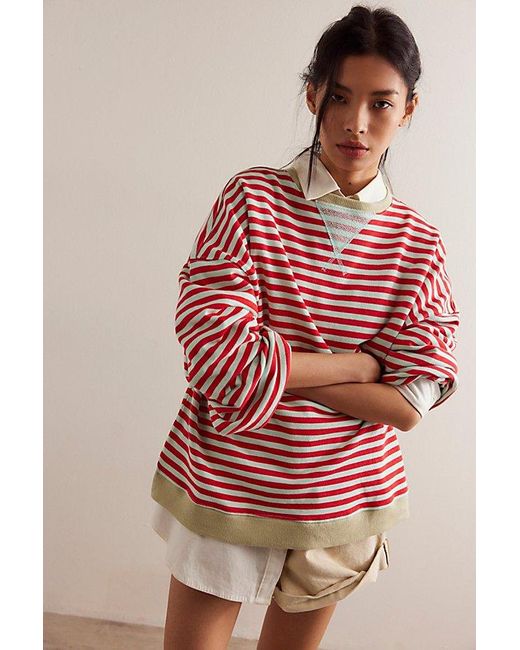 Free People Pink Classic Striped Oversized Crewneck