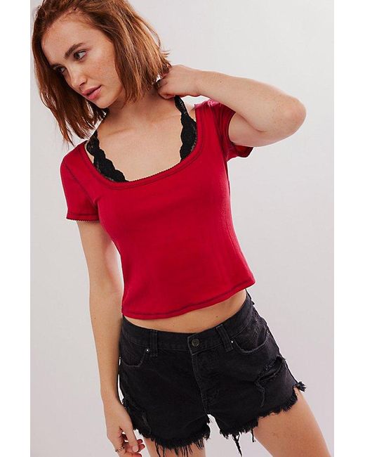 Free People Red End Game Pointelle Baby Tee