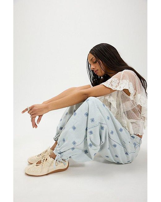 Free People Blue Lotus Embroidered Railroad Balloon Jeans