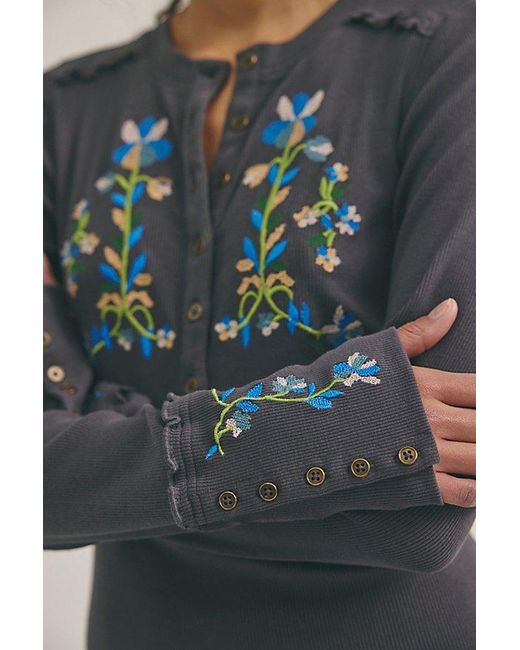 Free People Blue Fleur Embroidered Cuff Henley