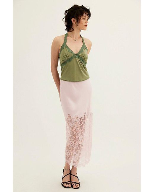LoveShackFancy Green Ilene Satin Lace Maxi Skirt