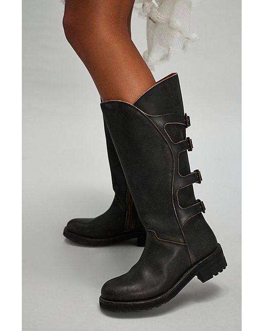 Free People Black Tall Washed Leather Biker Boots