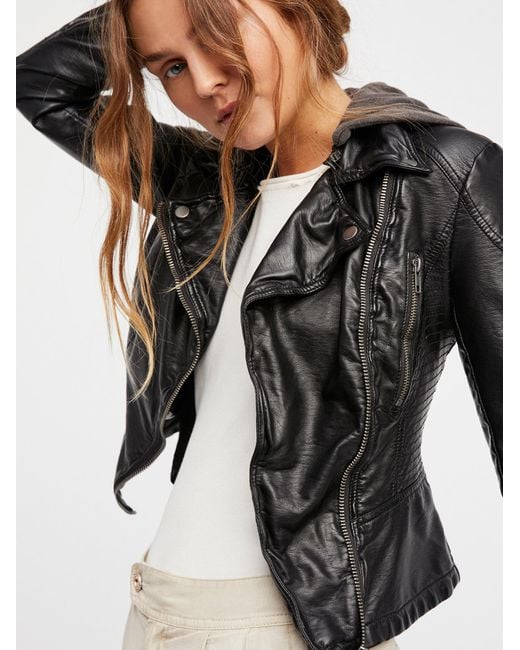 Free People Black Vegan Leather Hooded Biker Jacket