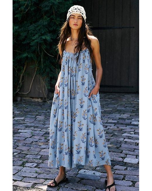 Free People Blue Raffia Blooms Printed Jumpsuit
