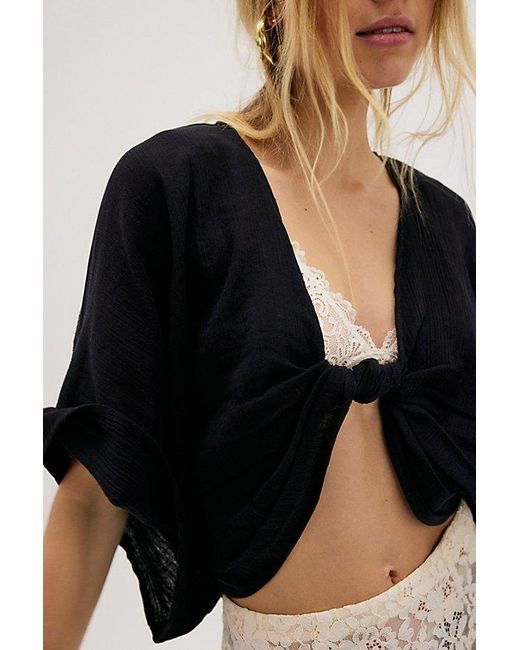 Free People Black Linen Twist Front Crop Pullover