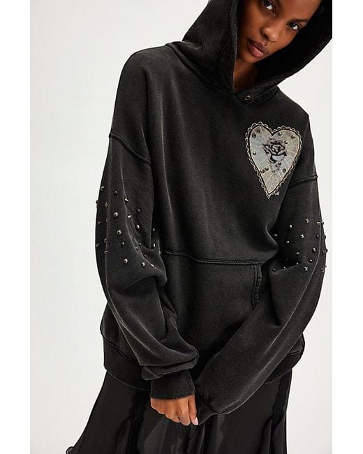 Free People Black Studded Graphic Oversized Hoodie