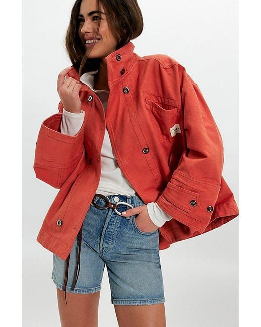 Free People Red Collins Washed Canvas Funnel-Neck Jacket