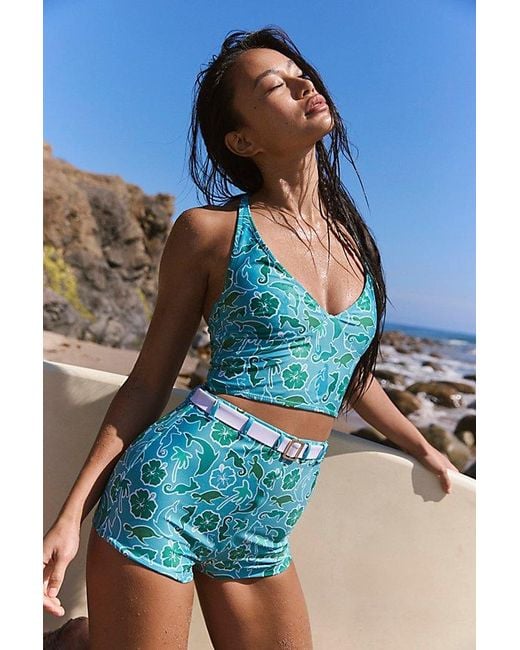 Inner Relm Blue Smiletown Long Crop Surf Top