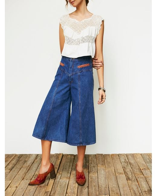 Free People Blue Vintage 1970s Denim Gauchos