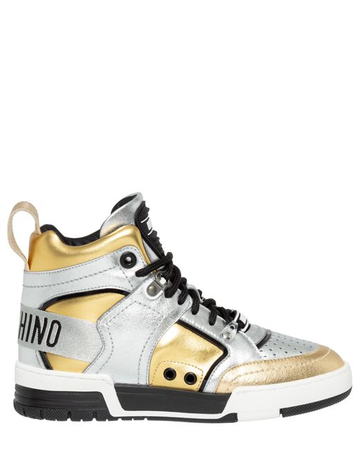 Moschino Leather Streetball High-top Sneakers in Silver - Gold ...