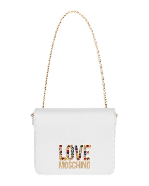 Borsa a spalla rhinestone logo di Love Moschino in White