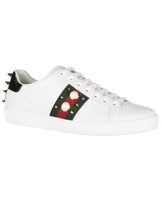 Gucci Ace Pearl And Stud Detail Leather Trainers in White Lyst Canada