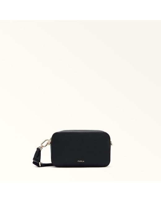 Furla Black Net Crossbody Mini Nero Grained Calf Leather + Logo Ribbon Fabric