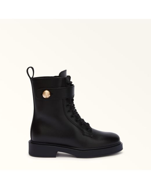 Furla Black Sfera Lace-Up Ankle Boots Nero Calf Leather