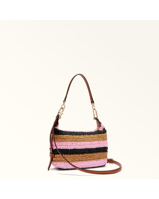 Furla Brown Tonie Shoulder Bag Xl Toni Cognac Crochet Stripes Fabric + Sidney Calf Leather