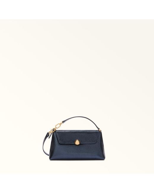 Furla Blue Sfera Soft Mini Bag Grigio Blu Piuma Metal Calf Leather