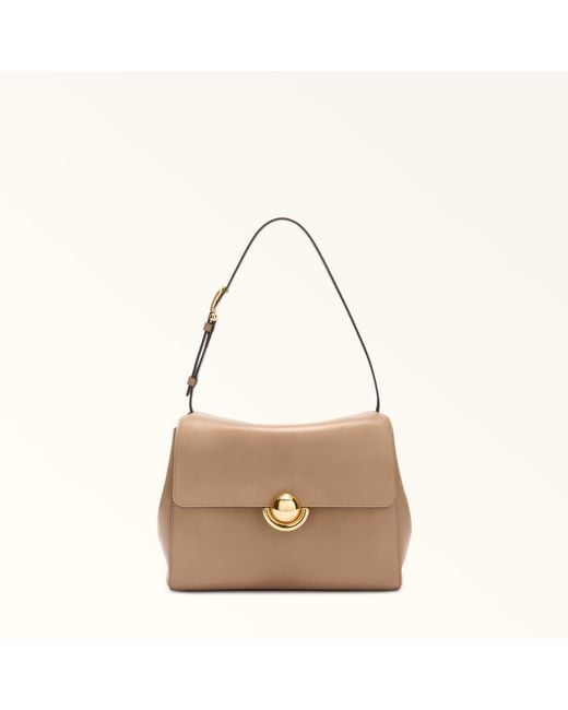 Furla Natural Domus Shoulder Bag Toffee Varrenne Calf Leather + Suede