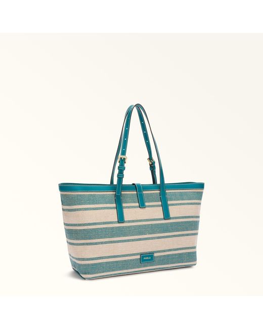 Furla Blue Debby Tote Toni Amatore Canvas Stripes Fabric + Sidney Calf Leather