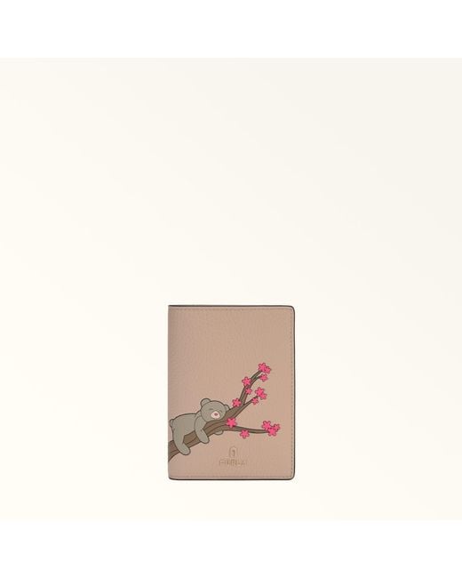 Furla Natural Camelia Passport Holder S Toni Cotone Eracle Grained Calf Leather With Orso Primavera Print