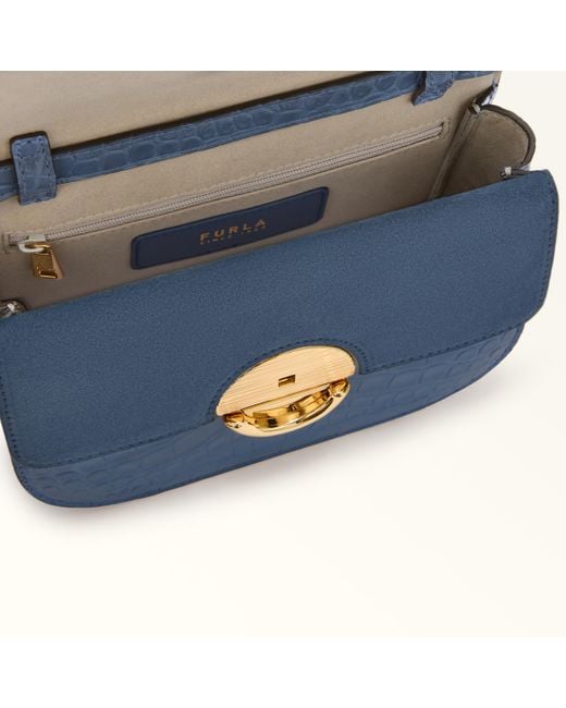 Furla Blue Sfera Crossbody Mini Denim Crocodile Print Calfskin + Suede