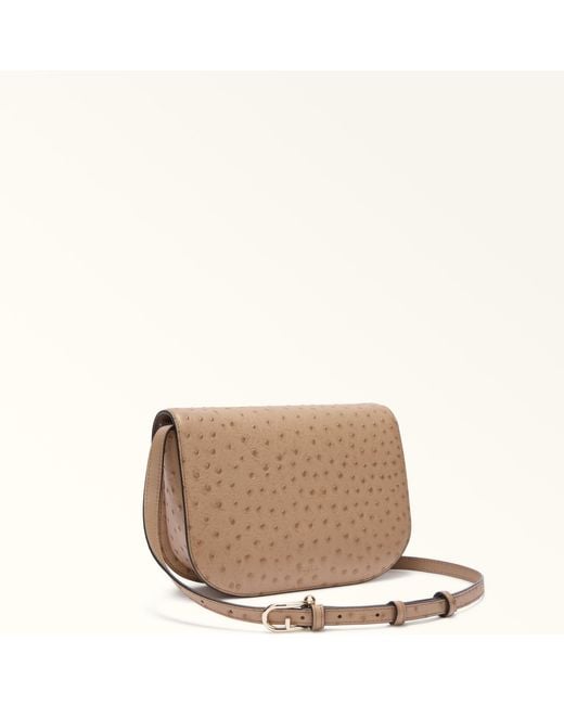 Furla Natural Sfera Crossbody Toffee Calf Leather With Ostrich Print + Suede