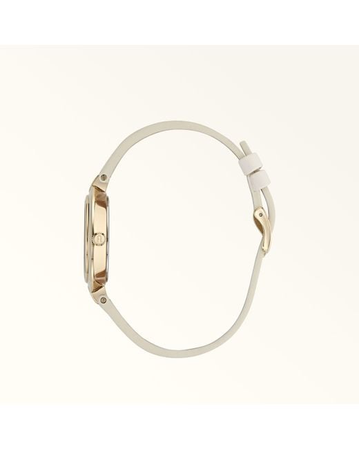 Furla White Logo Links Round Case Watch Panna Leather + Metal