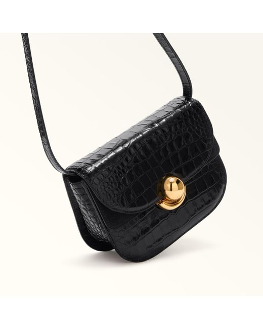 Furla Black Sfera Crossbody Mini Nero Crocodile Print Calfskin + Suede