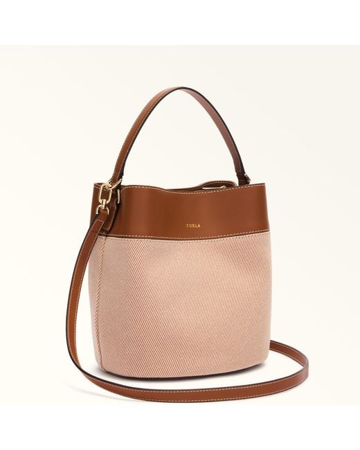 Furla Brown Amelia Bucket Bag S Toni Cognac Canvas Fabric + Sidney Calf Leather
