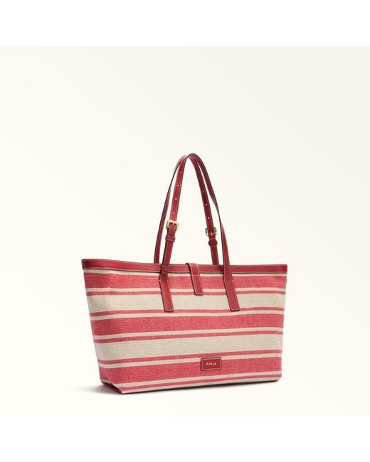 Furla Red Debby Tote Toni Lacca Canvas Stripes Fabric + Sidney Calf Leather