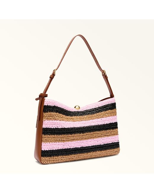 Furla Brown Sfera Soft Shoulder Bag Toni Cognac Crochet Stripes Fabric + Sidney Calf Leather