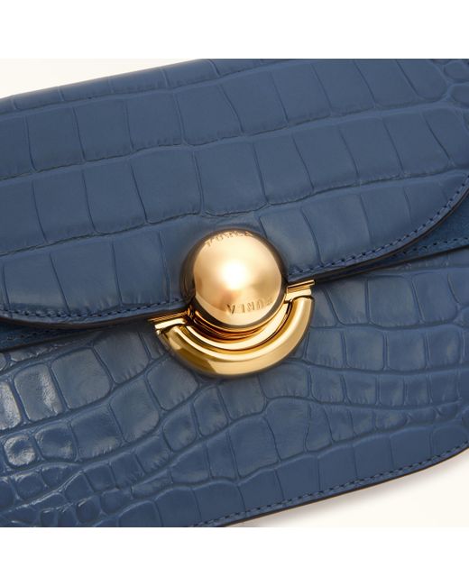 Furla Blue Sfera Crossbody Mini Denim Crocodile Print Calfskin + Suede