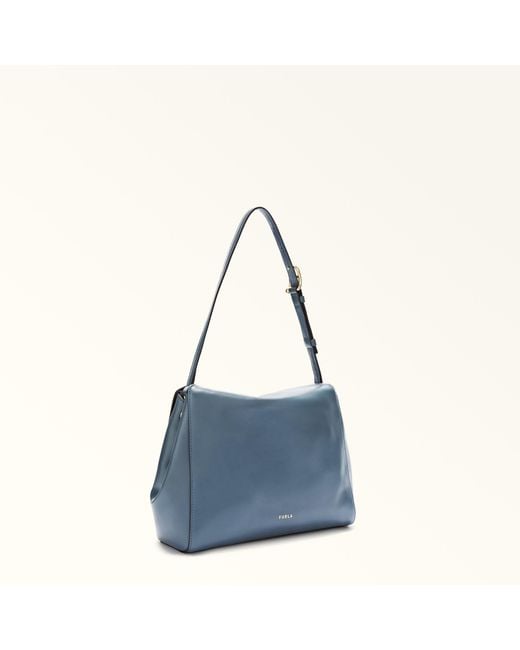 Furla Blue Domus Shoulder Bag Grigio Blu Varrenne Calf Leather + Suede