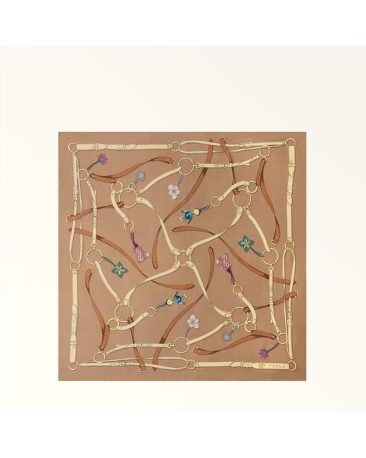 Furla Natural Tortona Carré Toni Toffee Silk Twill With Charms Print