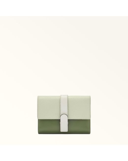 Furla Green Grazia Compact Wallet Light Salvia Roma Soft Calf Leather Colorblock + Grained Calf Leather