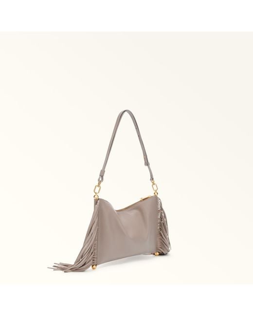 Furla Gray Sfera Soft Shoulder Bag Toni Linen Nappa Leather + Suede Fringes