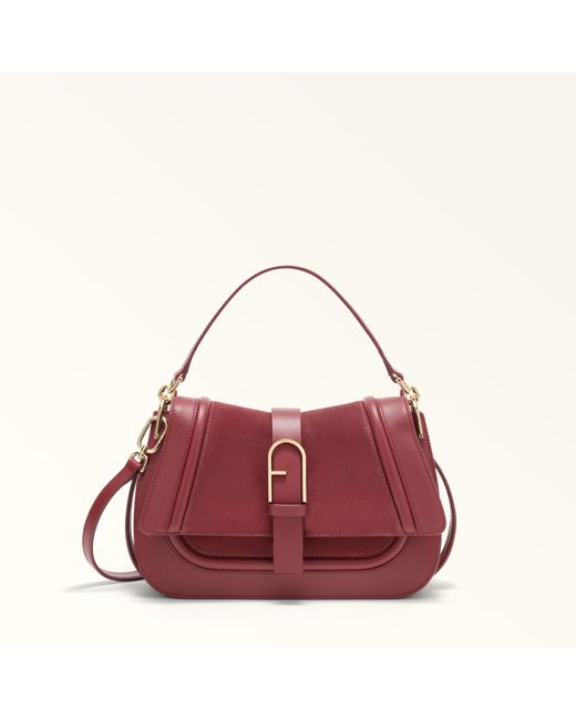 Furla Red Flow Top Handle Toni Rubino Claris Lux Calf Leather + Suede