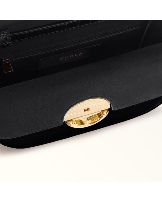 Furla Black Sfera Crossbody Mini Nero Crocodile Print Calfskin + Suede
