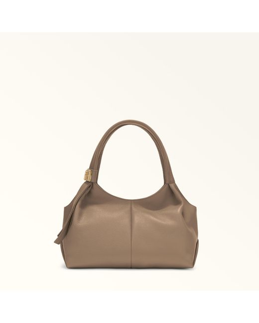Furla Brown Planeta Shoulder Bag Taupe Keria Grained Calf Leather