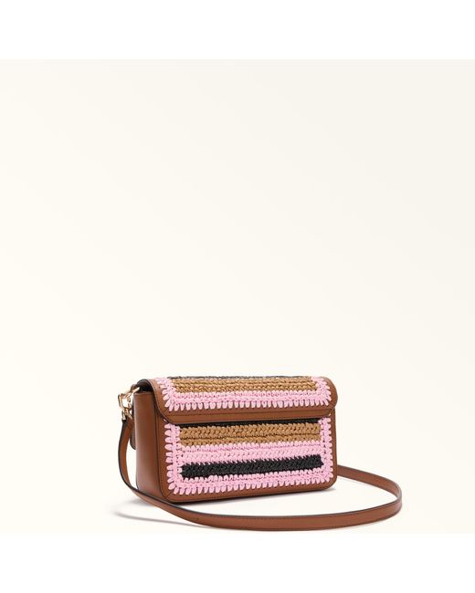 Furla Pink Iride Crossbody Toni Cognac Crochet Stripes Fabric + Sidney Calf Leather