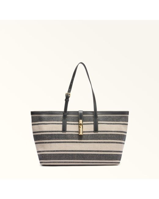 Furla Gray Debby Tote Toni Canvas Stripes Fabric + Sidney Calf Leather