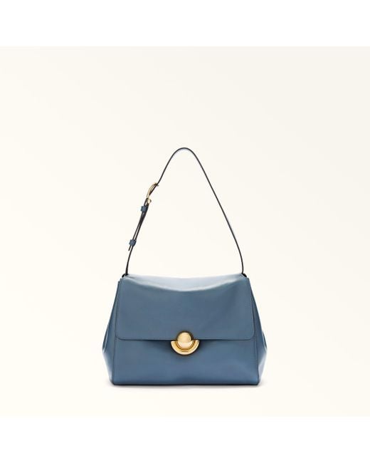 Furla Blue Domus Shoulder Bag Grigio Blu Varrenne Calf Leather + Suede