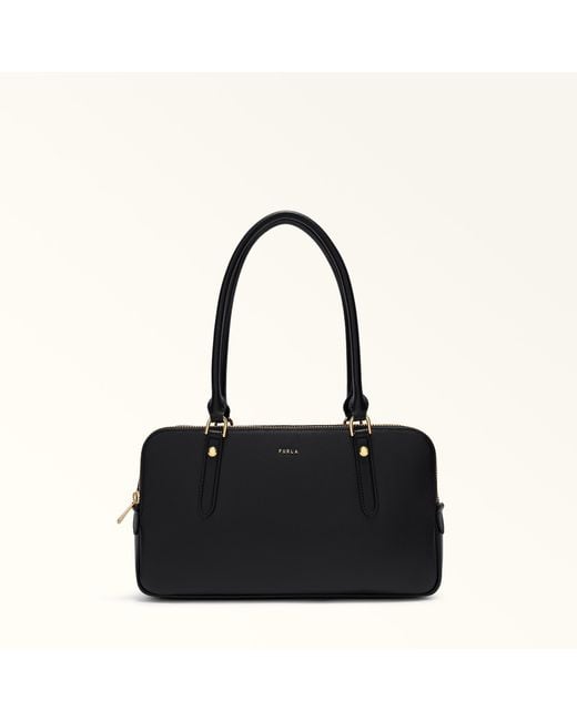 Furla Black Giulia Boston Bag Nero Textured Leather + Suede