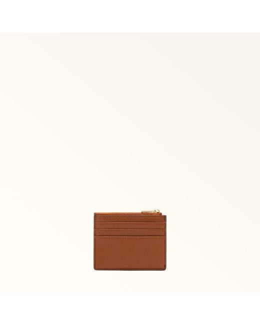 Furla Brown Camelia Card Case Cognac H Textured Leather
