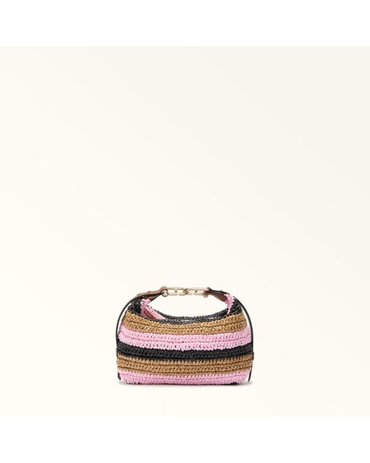 Furla Brown Tonie Shoulder Bag Xl Toni Cognac Crochet Stripes Fabric + Sidney Calf Leather