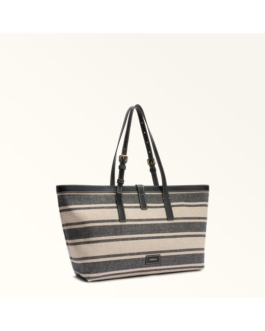 Furla Gray Debby Tote Toni Canvas Stripes Fabric + Sidney Calf Leather